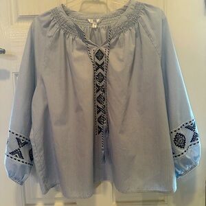 EUC Peasant Blouse Size 22 (3X) Blue & White Stripes, Appliqué & Tassel-Time&Tru
